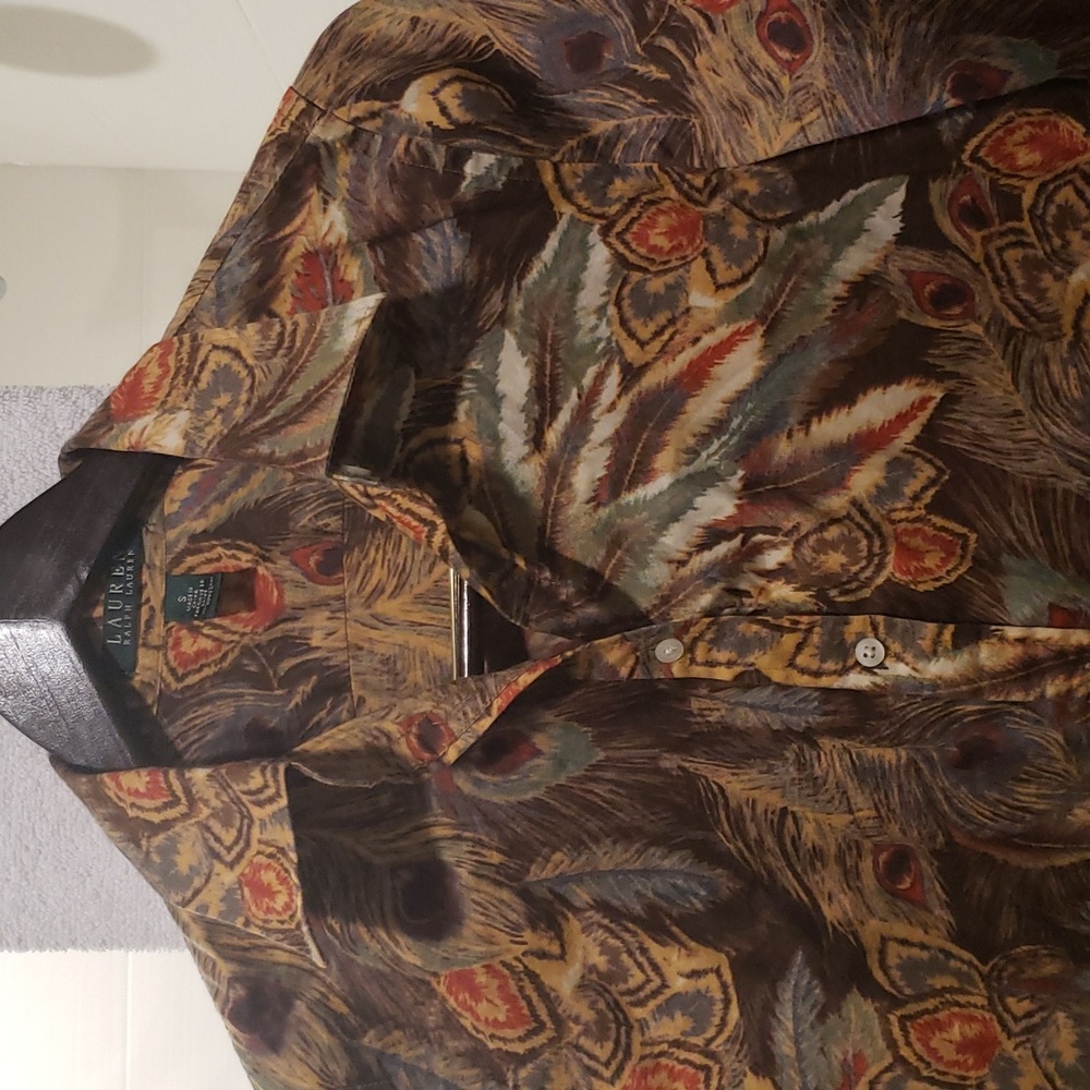 Lauren Ralph Lauren Peacock Feather Print Longsleeve Button Down Blouse Small - Picture 3 of 10